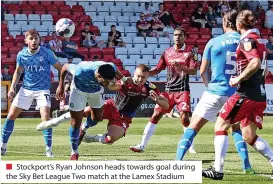  ?? ?? ■ Stockport’s Ryan Johnson heads towards goal during the Sky Bet League Two match at the Lamex Stadium