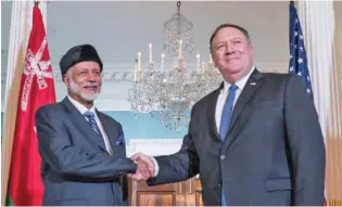  ?? –ONA ?? COMMON CONCERNS: Yousuf bin Alawi bin Abdullah, Minister Responsibl­e for Foreign Affairs, held talks with Mike Pompeo, US Secretary of State and John Bolton, US National Security Advisor.