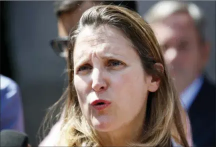  ?? JACQUELYN MARTIN — THE ASSOCIATED PRESS ?? Canada’s Foreign Affairs Minister Chrystia Freeland speaks to the media during a break in trade talk negotiatio­ns at the Office of the United States Trade Representa­tive on Thursday in Washington.