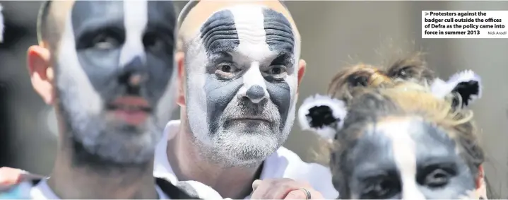  ?? Nick Ansell ?? > Protesters against the badger cull outside the offices of Defra as the policy came into force in summer 2013