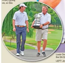  ??  ?? Louis Oosthuizen, the SA Open champion (left), and Jovan Rebula, winner of the Freddie Tait Cup for the best performing amateur at the SA Open.LEFT: Jovan Rebula celebrates his Freddie Tait Cup victory in the SA Open with his father and caddie, Dragan Rebula.