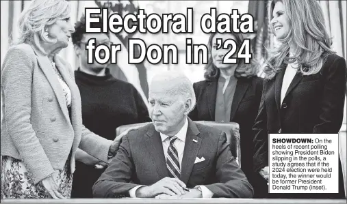  ?? ?? SHOWDOWN: On the heels of recent polling showing President Biden slipping in the polls, a study agrees that if the 2024 election were held today, the winner would be former President Donald Trump (inset).