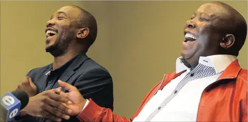  ?? GRAPHIC: RYAN MENTO ?? DA leader Mmusi Maimane and EFF’s commander in chief Julius Malema share a laugh in this 2014 file image.