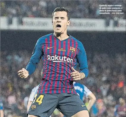  ?? FOTO: PERE PUNTÍ ?? Coutinho seguirá celebrando goles como azulgrana, y ahora lo podrá hacer como comunitari­o