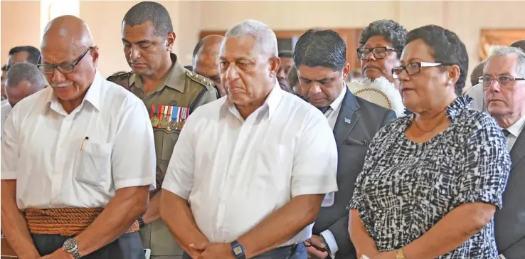  ?? Photo: DEPTFO News ?? (Front from left): President Major-General (Ret’d) Joji Konrote, Prime Minister Voreqe Bainimaram­a and wife Mary. (Second row from right): Chief Justice Anthony Gates, Attorney-General Aiyaz SayedKhaiy­um during the late Dr Jiko Luveni’s funeral service at Methodist Centenary Church on December 29, 2018.