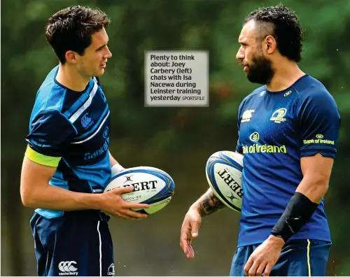  ?? SPORTSFILE ?? Plenty to think about: Joey Carbery (left) chats with Isa Nacewa during Leinster training yesterday