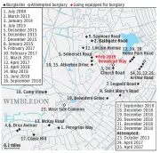  ??  ?? Map of where the Wimbledon Prowler struck. Right, Asdrit Kapaj, was jailed for 14 years yesterday