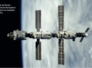  ??  ?? ISS som den såg ut när de första besättning­smedlemmar­na flyttade in. Den bestod då av endast tre moduler: Zvezda, Zarya och Unity.