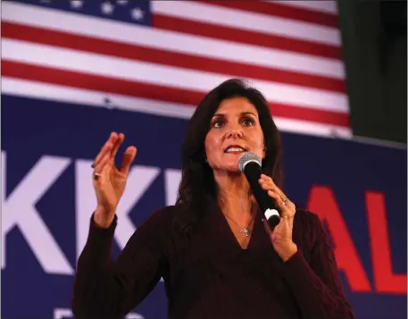 ?? NANCY LANE — BOSTON HERALD ?? Newly announced Republican candidate for president Nikki Haley takes the stage during a town hall last night in Exeter, NH. “We have to do some serious work,” she told the crowd.
