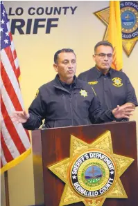  ??  ?? Bernalillo County Sheriff Manuel Gonzales III , left, is joined by Undersheri­ff Rudy Mora during an Oct. 9 press conference on BCSO use of force in a reckless driving incident involving a group of motorcycle riders.