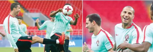  ??  ?? SERENOS. Mais uma vez, a sessão de trabalho da Seleção antes do jogo primou pela boa disposição, com Cristiano Ronaldo e Ricardo Quaresma em destaque, mostrando confiança