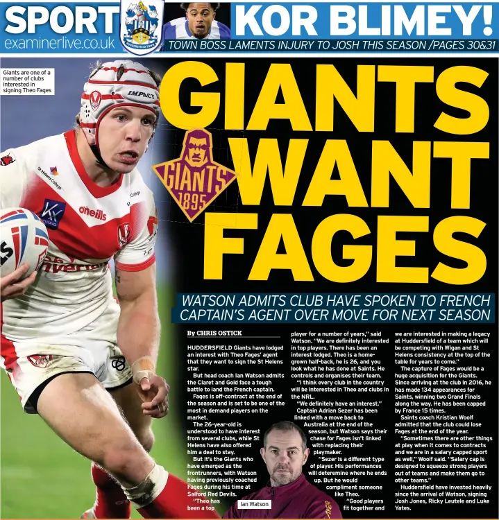  ??  ?? Giants are one of a number of clubs interested in signing Theo Fages
Ian Watson