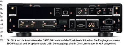  ??  ?? Ein Blick auf die Anschlüsse des SACD 30n weist auf die Vorstufenf­unktion hin: Die Eingänge umfassen SPDIF koaxial und 2x optisch sowie USB. Die Ausgänge sind in Cinch, nicht aber in XLR ausgeführt.