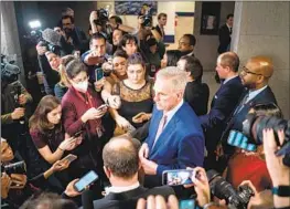  ?? KENT NISHIMURA Los Angeles Times ?? REP. KEVIN McCarthy (R-Bakersfiel­d) speaks with reporters Tuesday after he failed on three ballots to win enough votes to become speaker of the House.