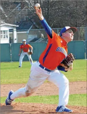  ??  ?? Oneida’s Casey Rich (9) delivers a pitch to a Rome Free Academy batter.