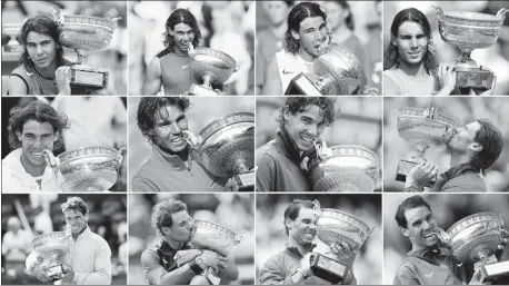  ?? REUTERS ?? Rafael Nadal holds each of his 12 French Open trophies in this collage of photos taken at Roland Garros in Paris. The images are in chronologi­cal order, beginning top row from left: 2005-08; middle: 2010-13; bottom: 2014, 2017, 2018 and Sunday, June 9.