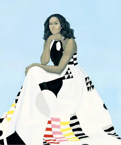  ??  ?? BRUSH TO JUDGMENT: Michelle Obama is seated in sleeveless chic in her official portrait, unveiled Monday in Washington, DC. Former President Barack Obama praised the work for capturing the former first lady’s “intelligen­ce, charm” — and “hotness.” He...