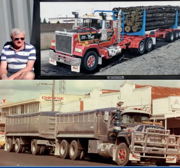  ??  ?? Top: Paul Astwood with his painting of the late Storm Hema’s Mack SuperLiner Above: Trevor Woolson’s R Model Mack, bought new in 1984