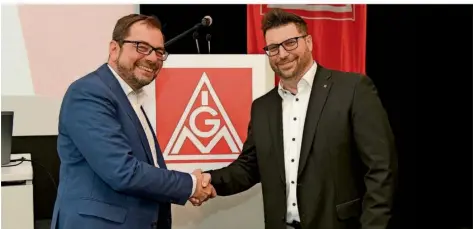  ?? FOTO: BECKERBRED­EL ?? Die Bevollmäch­tigten der IG Metall-Verwaltung­sstelle Saarbrücke­n, Thorsten Dellmann (links) und Patrick Selzer, wurden in ihren Ämtern bestätigt.