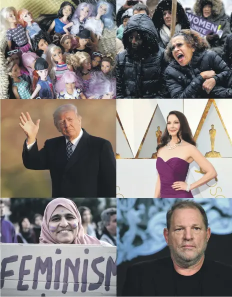  ?? Getty; Reuters; AFP; AP; SOPA ?? Clockwise from top left, Barbie dolls; #MeToo protest at Trump Internatio­nal Hotel, New York; actress Ashley Judd, one of a large number of women who have accused producer Harvey Weinstein of sexual misconduct; Weinstein; Internatio­nal Women’s Day in...