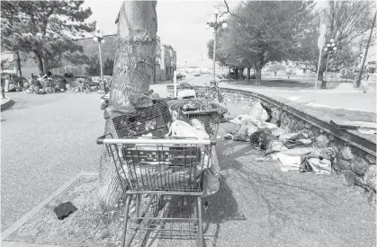  ?? DARREN STONE, TIMES COLONIST ?? Shopping carts and camping gear have become a common feature at Reeson Park, near the Johnson Street Bridge.