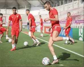  ?? (AFP) ?? Morocco’s midfielder Hakim Ziyech takes part in a training session at the Al Duhail SC Stadium in Doha on Tuesday, on the eve of the Qatar 2022 World Cup Group F match against Croatia.