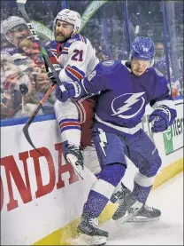  ?? Getty Images ?? IT CAN BE DONE! Though the Rangers are down 3-2 in the series, former Lightning winger Barclay Goodrow (left) believes the Blueshirts can prevail.