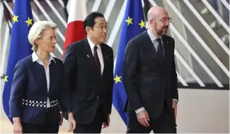  ?? ?? Japan's Prime Minister Fumio Kishida, with European Council President Charles Michel, and European Commission President Ursula von der Leyen at the EU-Japan Summit in 2023.