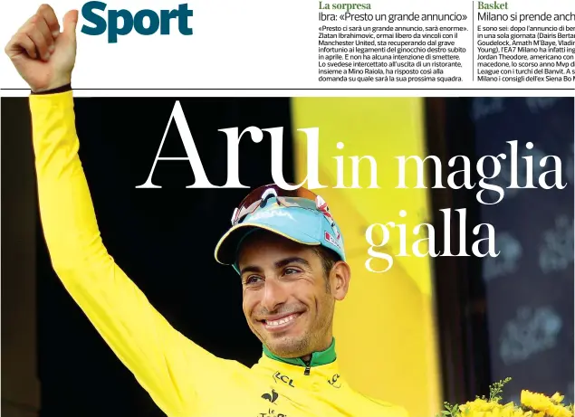  ??  ?? Leader Fabio Aru, 27 anni, ha conquistat­o la maglia gialla dopo uno sprint di 300 metri in salita all’arrivo della 12ª tappa (Getty Images)