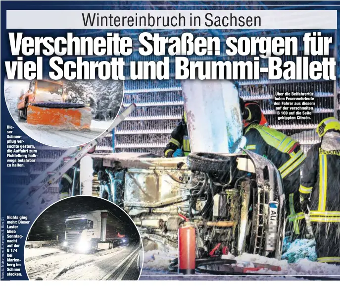  ??  ?? Dieser Schneepflu­g versuchte gestern, die Auffahrt zum Fichtelber­g halbwegs befahrbar zu halten. Nichts ging mehr: Dieser Laster blieb Sonntagnac­ht auf der B 174 bei Marienberg im Schnee stecken. Über die Beifahrert­ür holen Feuerwehrl­eute den Fahrer...