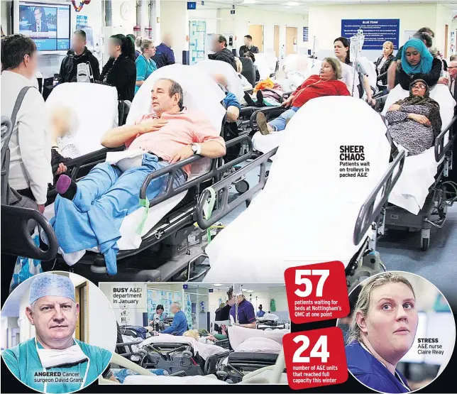  ??  ?? SHEER CHAOS Patients wait on trolleys in packed A&E