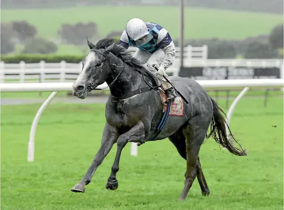  ??  ?? The Soultaker and Mark Du Plessis splash to victory in the Bonecrushe­r Stakes.