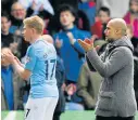  ?? Picture: REUTERS/TONY O'BRIEN ?? WELL DESERVED: Manchester City midfielder Kevin de Bruyne and manager Pep Guardiola applaud fans after the match.