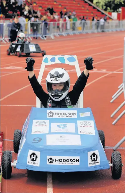  ??  ?? Nathan Oates (10) from Holystone Primary School driving an electric kit cat at the IET Formula Goblin Project race day at Gateshead Stadium