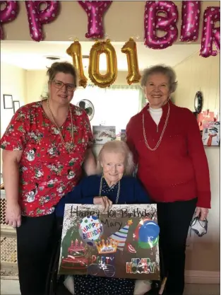  ?? CONTRIBUTE­D BY CARMEL HOUSE ?? Mary Gaines of Chico turned 101 today, along with daughter (right) Sharon Wimer of Chico, who is now 81. Also enjoying the day is Wimer’s daughter Katie Strick who works at the Carmel House assisted living home where Gaines lives.