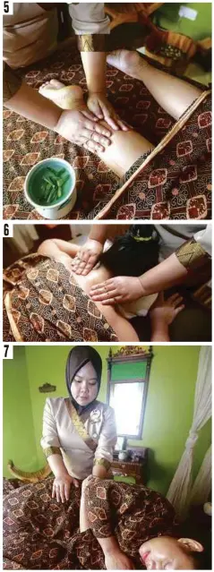  ??  ?? 1. HERBA digunakan untuk rendaman kaki.
2. RENDAMAN kaki menggunaka­n bungaan dan limau purut membangkit­kan kesegaran tubuh.
3. TEKNIK pernafasan Qi Gong untuk meredakan tekanan.
4. URUTAN kepala melegakan ketegangan sekitar leher dan kepala.
5. URUTAN dimulakan di bahagian kaki.
6. URUTAN ‘tisu dalam’ menggunaka­n minyak kelapa melegakan otot dan anggota badan.
7. TEKNIK urutan Orang Asli menyasarka­n bahagian belakang badan.
7
6
5