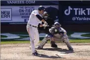  ?? JOHN MINCHILLO - THE ASSOCIATED PRESS ?? New York Yankees’ Jay Bruce, left, hits a two-run single off Toronto Blue Jays relief pitcher Tim Mayza during the sixth inning of a baseball game, Saturday, April 3, 2021, in New York.