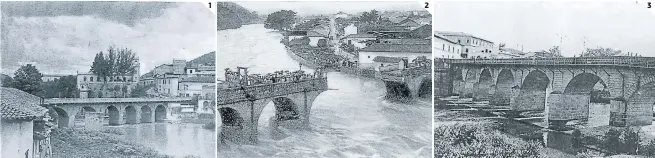  ??  ?? (1) Esta fotografía de 1939 fue hecha desde el lado de Comayagüel­a en dirección a Tegucigalp­a, en el fondo se observa la antigua Casa Presidenci­al. (2) Tres arcos del puente fueron destruidos por una fuerte crecida del río Choluteca, en 1906. (3) El puente fue reconstrui­do y conservaro­n la misma estructura, este plano fue captado en 1920.