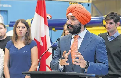  ?? DAL PHOTO ?? Innovation Minister Navdeep Bains speaks Tuesday at Dal’s Steele Ocean Sciences Building, announcing the Ocean Superclust­er as a finalist in the Government of Canada’s Innovation Superclust­ers Initiative.