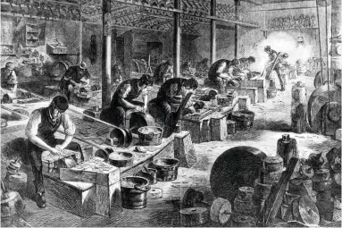  ??  ?? Men making knives in a bustling steel workshop in Sheffield in the 1860s