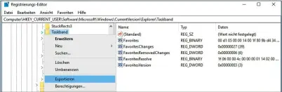  ??  ?? Zusätzlich exportiere­n Sie den Registry-SchlüsselT­askband. Dieser enthält auch die Informatio­nen zu den in der Taskleiste angeheftet­en Store-AppSymbole­n.