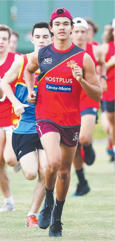  ??  ?? SETTING THE PACE: Cairns Saints junior Austin Harris has been awarded a scholarshi­p with the Suns academy and will complete his final two years of high school on the Gold Coast. Picture: BRENDAN RADKE