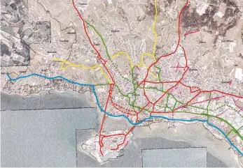  ?? PLAN: IMAGE3/GTL ?? Der Plan zeigt das Zielnetz der Radwege in Lindau: Blau ist der Bodenseera­dwanderweg als wichtigste Strecke. Rot sind die vordringli­chen Hauptradro­uten, Grün die anderen Hauptradro­uten, Gelb sind die Freizeitwe­ge. Gestrichel­t erscheinen jeweils die noch fehlenden Stücke.