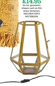  ??  ?? £14.95 Go for geometric shapes such as this brass terrarium, decorator’s notebook