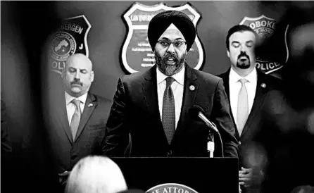  ?? SETH WENIG/AP ?? New Jersey Attorney General Gurbir Grewal said it’s believed Tuesday’s shooting was “fueled both by anti-Semitism and anti-law enforcemen­t beliefs.”