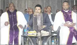  ?? (Pic: Nimrod Hlophe) ?? Swallows Club President and All Nations Church in Zion Archbishop Bheki Lukhele (C) flanked by Bishop Biya and Bishop Kunene, during the memorial service of his late wife Mayibongwe Mthimkhulu.