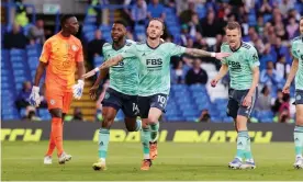  ?? City FC/Getty Images ?? Leicester’s James Maddison celebrates his goal against Chelsea. Photograph: Plumb Images/Leicester