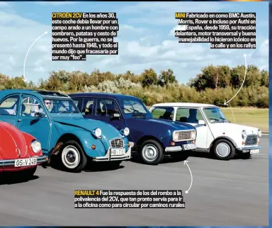  ??  ?? CITROËN 2CV En los años 30, este coche debía llevar por un campo arado a un hombre con sombrero, patatas y cesto de huevos. Por la guerra, no se presentó hasta 1948, y todo el mundo dijo que fracasaría por ser muy "feo"...
MINI Fabricado en como BMC Austin, Morris, Rover e incluso por Authi en España, desde 1959, su tracción delantera, motor transversa­l y buena manejabili­dad lo hicieron icónico en la calle y en los rallys
RENAULT 4 Fue la respuesta de los del rombo a la polivalenc­ia del 2CV, que tan pronto servía para ir a la oficina como para circular por caminos rurales