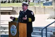  ?? SUBMITTED PHOTO ?? Lionville Deputy Chief William Minahan speaks to the audience at the Garden of Honor memorial.