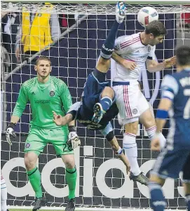  ?? GERRY KAHRMANN/PNG FILES ?? Blas Perez has seen spot duty with the Whitecaps, but who can forget this May 1 bicycle-kick goal?